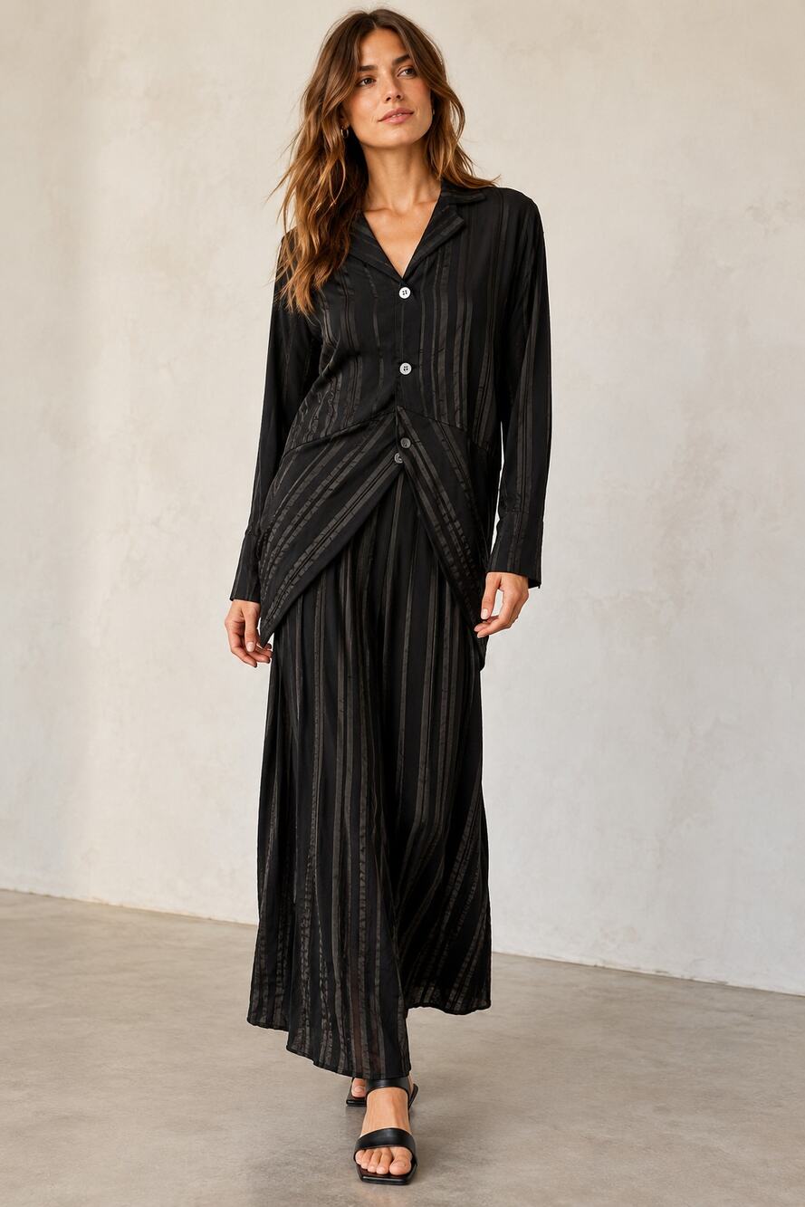 Pour Deux Black & Brown Striped Rayon Jacket and Maxi Skirt Set Size Medium